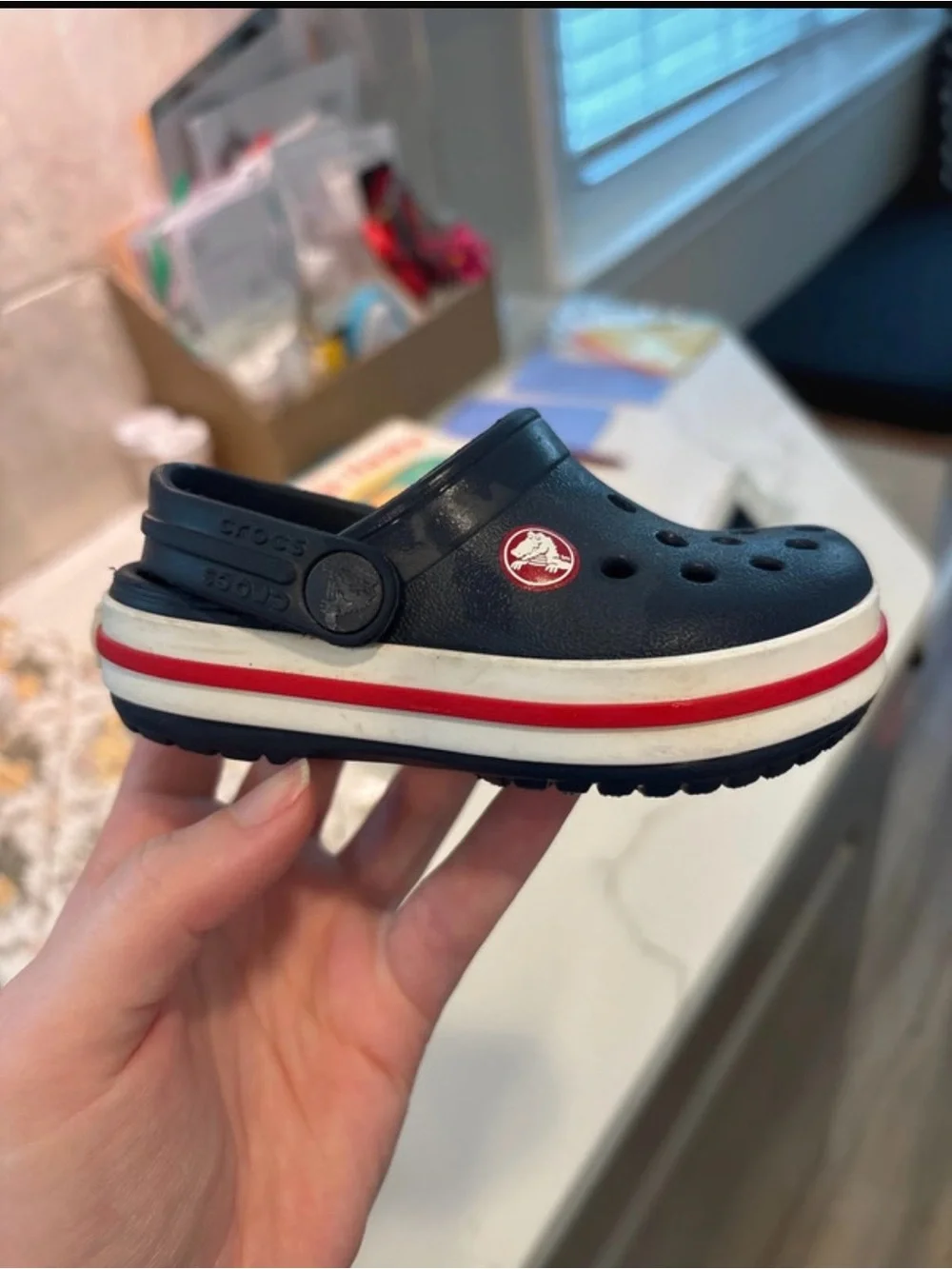 CROCS Kids Navy Clogs with Red & White Stripe